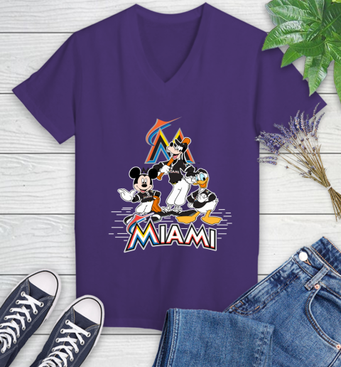 MLB Miami Marlins Mickey Mouse Donald Duck Goofy Baseball T Shirt Women's V-Neck T-Shirt 3