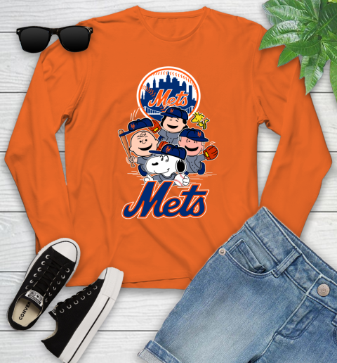 MLB New York Mets Snoopy Charlie Brown Woodstock The Peanuts Movie Baseball T Shirt Youth Long Sleeve 3