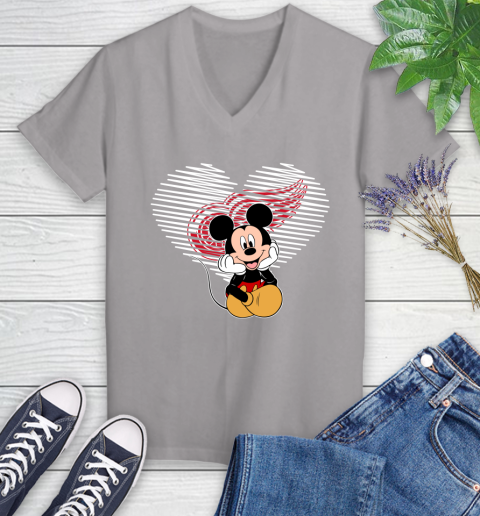 NHL Detroit Red Wings The Heart Mickey Mouse Disney Hockey Women's V-Neck T-Shirt 4