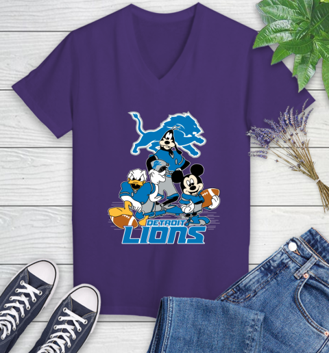 NFL Detroit Lions Mickey Mouse Donald Duck Goofy Football Shirt Women's V-Neck T-Shirt 3