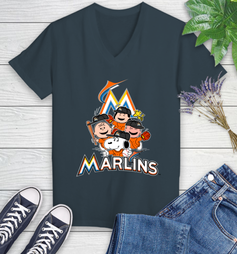 MLB Miami Marlins Snoopy Charlie Brown Woodstock The Peanuts Movie Baseball T Shirt Women's V-Neck T-Shirt 8
