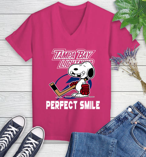 NHL Tampa Bay Lightning Snoopy Perfect Smile The Peanuts Movie Hockey T Shirt Women's V-Neck T-Shirt 9