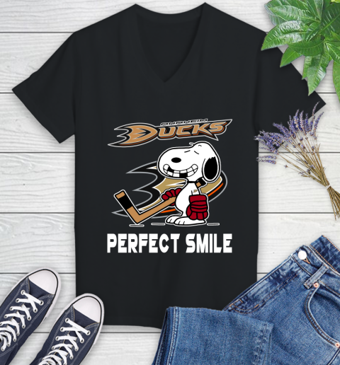 NHL Anaheim Ducks Snoopy Perfect Smile The Peanuts Movie Hockey T Shirt Women's V-Neck T-Shirt
