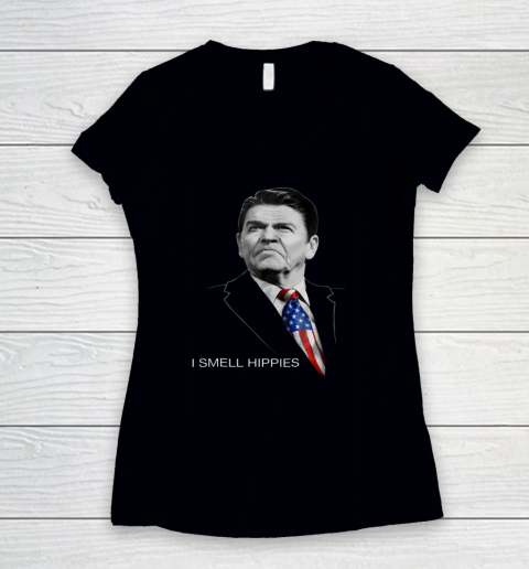 I Smell Hippies Ronald Reagan Conservative Women's V-Neck T-Shirt