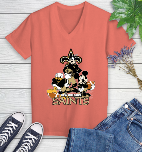 NFL New Orleans Saints Mickey Mouse Donald Duck Goofy Football Shirt Women's V-Neck T-Shirt 6