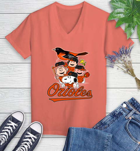 MLB Baltimore Orioles Snoopy Charlie Brown Woodstock The Peanuts Movie Baseball T Shirt_000 Women's V-Neck T-Shirt 6