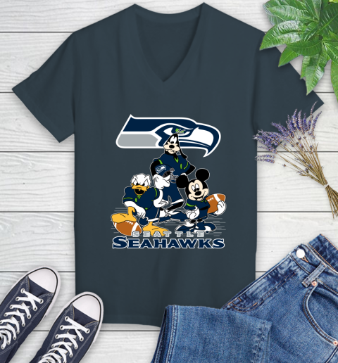 NFL Seattle Seahawks Mickey Mouse Donald Duck Goofy Football Shirt Women's V-Neck T-Shirt 8