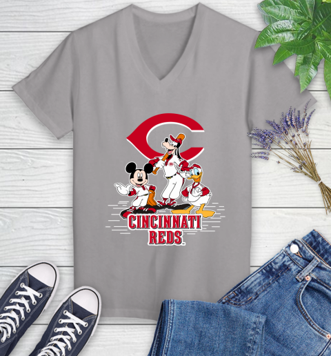 MLB Cincinnati Reds Mickey Mouse Donald Duck Goofy Baseball T Shirt Women's V-Neck T-Shirt 4