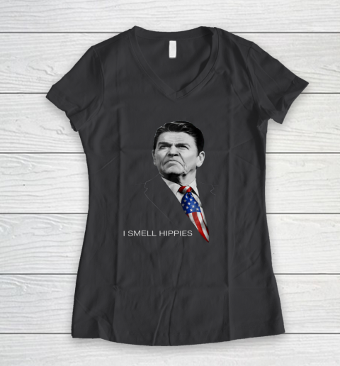 I Smell Hippies Ronald Reagan Conservative Women's V-Neck T-Shirt 4