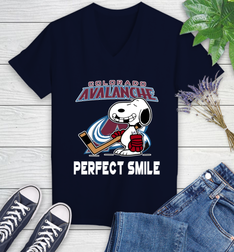 NHL Colorado Avalanche Snoopy Perfect Smile The Peanuts Movie Hockey T Shirt Women's V-Neck T-Shirt 2