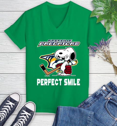 NHL Nashville Predators Snoopy Perfect Smile The Peanuts Movie Hockey T Shirt Women's V-Neck T-Shirt 5