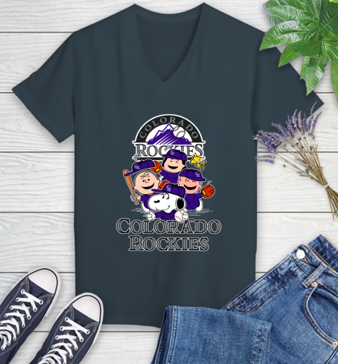 MLB Colorado Rockies Snoopy Charlie Brown Woodstock The Peanuts Movie Baseball T Shirt_000 Women's V-Neck T-Shirt 8
