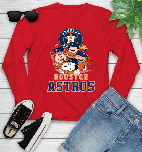 MLB Houston Astros Snoopy Charlie Brown Woodstock The Peanuts Movie Baseball T Shirt Youth Long Sleeve 11