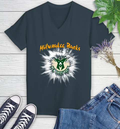 Milwaukee Bucks NBA Basketball Rip Sports Women's V-Neck T-Shirt 8