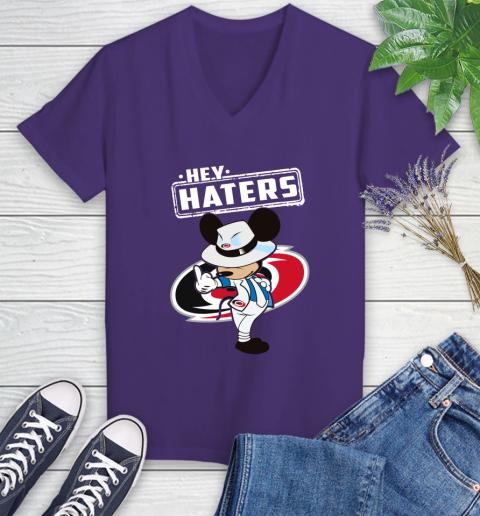 NHL Hey Haters Mickey Hockey Sports Carolina Hurricanes Women's V-Neck T-Shirt 3