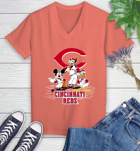 MLB Cincinnati Reds Mickey Mouse Donald Duck Goofy Baseball T Shirt Women's V-Neck T-Shirt 6