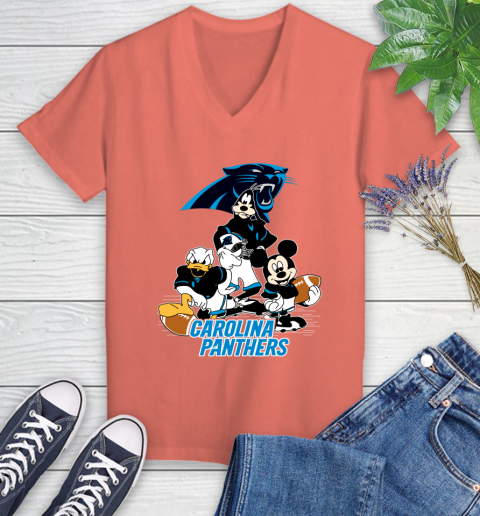 NFL Carolina Panthers Mickey Mouse Donald Duck Goofy Football Shirt Women's V-Neck T-Shirt 6