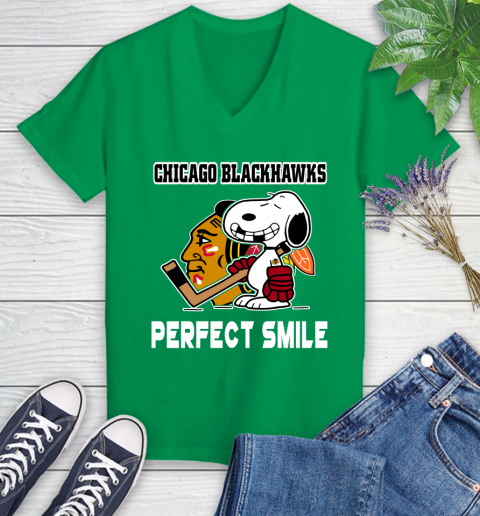 NHL Chicago Blackhawks Snoopy Perfect Smile The Peanuts Movie Hockey T Shirt Women's V-Neck T-Shirt 5