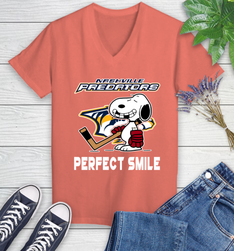 NHL Nashville Predators Snoopy Perfect Smile The Peanuts Movie Hockey T Shirt Women's V-Neck T-Shirt 6