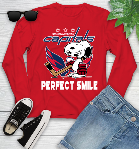 NHL Washington Capitals Snoopy Perfect Smile The Peanuts Movie Hockey T Shirt Youth Long Sleeve 11
