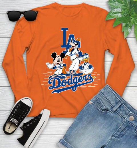 MLB Los Angeles Dodgers Mickey Mouse Donald Duck Goofy Baseball T Shirt Youth Long Sleeve 3