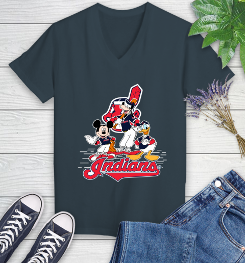 MLB Cleveland Indians Mickey Mouse Donald Duck Goofy Baseball T Shirt Women's V-Neck T-Shirt 8