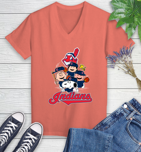 MLB Cleveland Indians Snoopy Charlie Brown Woodstock The Peanuts Movie Baseball T Shirt_000 Women's V-Neck T-Shirt 6