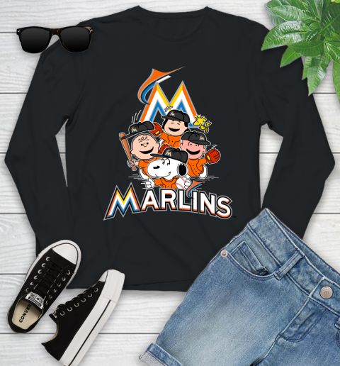 MLB Miami Marlins Snoopy Charlie Brown Woodstock The Peanuts Movie Baseball T Shirt Youth Long Sleeve