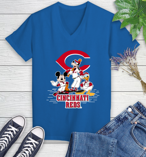 MLB Cincinnati Reds Mickey Mouse Donald Duck Goofy Baseball T Shirt Women's V-Neck T-Shirt 10