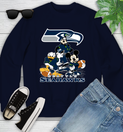 NFL Seattle Seahawks Mickey Mouse Donald Duck Goofy Football Shirt Youth Sweatshirt 2