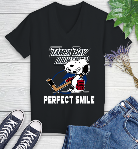 NHL Tampa Bay Lightning Snoopy Perfect Smile The Peanuts Movie Hockey T Shirt Women's V-Neck T-Shirt