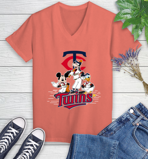 MLB Minnesota Twins Mickey Mouse Donald Duck Goofy Baseball T Shirt Women's V-Neck T-Shirt 6