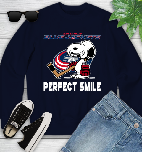 NHL Columbus Blue Jackets Snoopy Perfect Smile The Peanuts Movie Hockey T Shirt Youth Sweatshirt 2