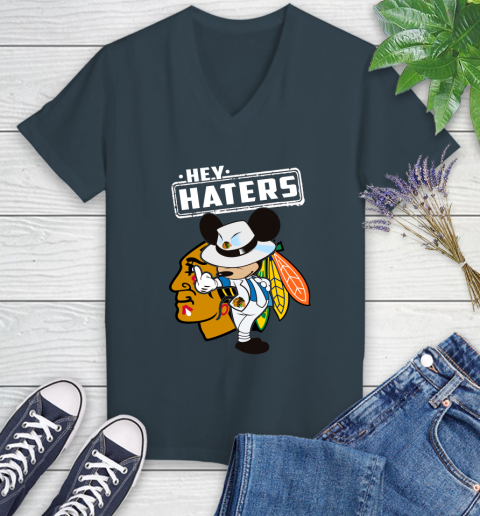 NHL Hey Haters Mickey Hockey Sports Chicago Blackhawks Women's V-Neck T-Shirt 8