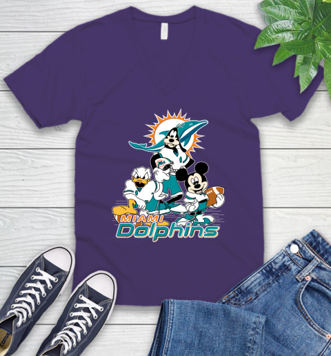 NFL Miami Dolphins Mickey Mouse Donald Duck Goofy Football Shirt V-Neck T-Shirt 9