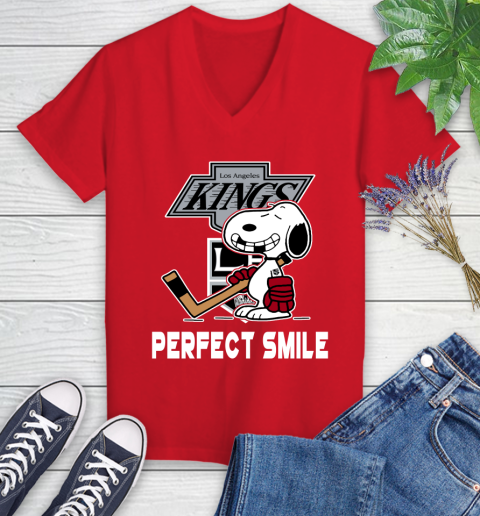 NHL Los Angeles Kings Snoopy Perfect Smile The Peanuts Movie Hockey T Shirt Women's V-Neck T-Shirt 11