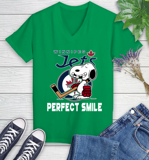 NHL Winnipeg Jets Snoopy Perfect Smile The Peanuts Movie Hockey T Shirt Women's V-Neck T-Shirt 5