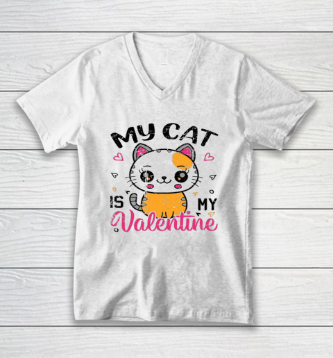 My Cat Is My Valentine Vintage Women Men Valentines Day V-Neck T-Shirt