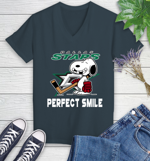 NHL Dallas Stars Snoopy Perfect Smile The Peanuts Movie Hockey T Shirt Women's V-Neck T-Shirt 8