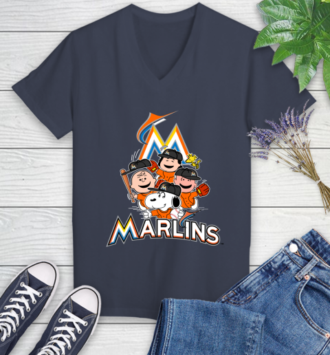 MLB Miami Marlins Snoopy Charlie Brown Woodstock The Peanuts Movie Baseball T Shirt Women's V-Neck T-Shirt 12