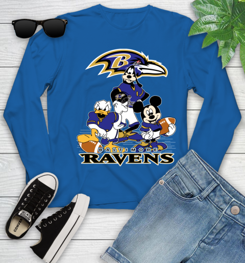 NFL Baltimore Ravens Mickey Mouse Donald Duck Goofy Football Shirt Youth Long Sleeve 10