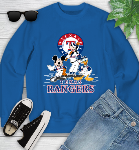 MLB Texas Rangers Mickey Mouse Donald Duck Goofy Baseball T Shirt Youth Sweatshirt 7