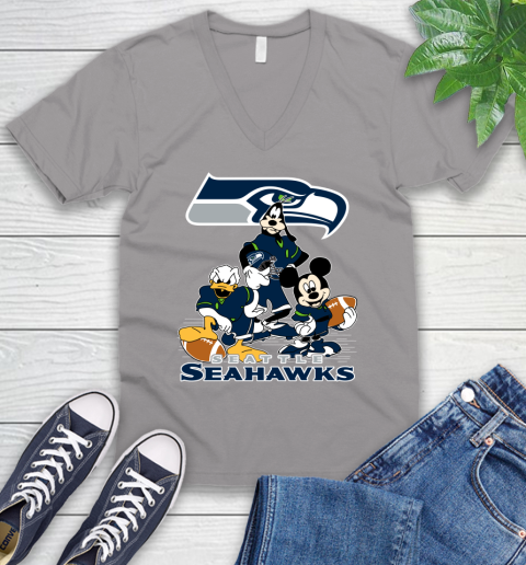 NFL Seattle Seahawks Mickey Mouse Donald Duck Goofy Football Shirt V-Neck T-Shirt 3