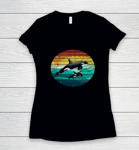 Orca Family Vintage Retro Art Killer Whale Family Women's V-Neck T-Shirt