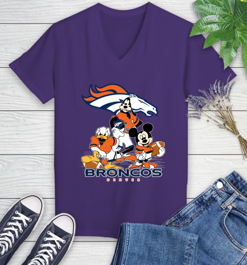 NFL Denver Broncos Mickey Mouse Donald Duck Goofy Football Shirt Women's V-Neck T-Shirt 3