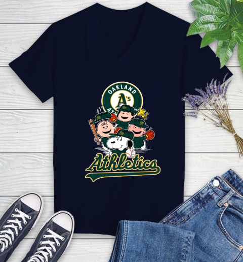 MLB Oakland Athletics Snoopy Charlie Brown Woodstock The Peanuts Movie Baseball T Shirt_000 Women's V-Neck T-Shirt 2