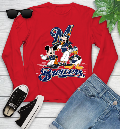 MLB Milwaukee Brewers Mickey Mouse Donald Duck Goofy Baseball T Shirt Youth Long Sleeve 11