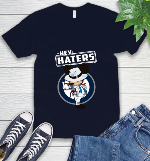 NHL Hey Haters Mickey Hockey Sports Winnipeg Jets V-Neck T-Shirt 2