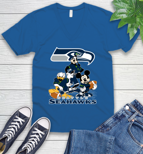NFL Seattle Seahawks Mickey Mouse Donald Duck Goofy Football Shirt V-Neck T-Shirt 5
