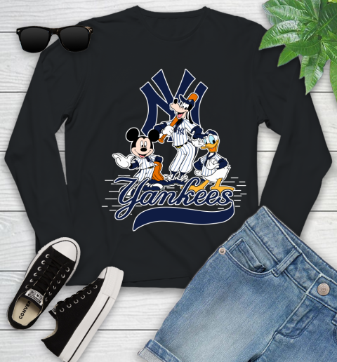 MLB New York Yankees Mickey Mouse Donald Duck Goofy Baseball T Shirt Youth Long Sleeve